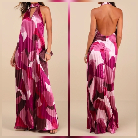 Lulus Dresses & Skirts - Lulus Prime Poise Pink Multi Abstract Satin Halter Maxi Dress, Size Large